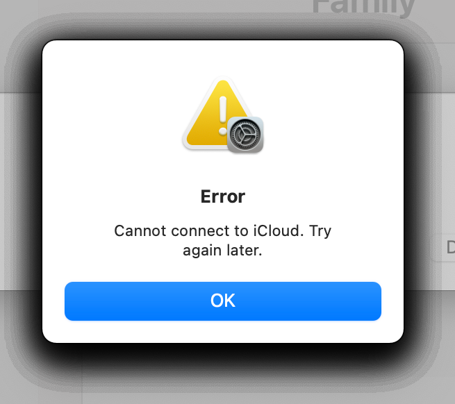Cannot connect to iCloud. Try again later.
